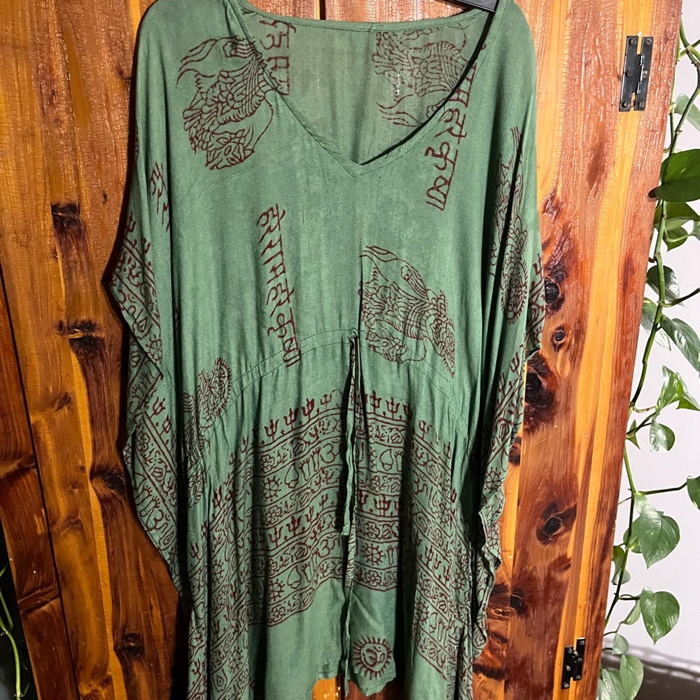 Bohemian Green Kaftan with Brown Tribal Print/Yogi Top